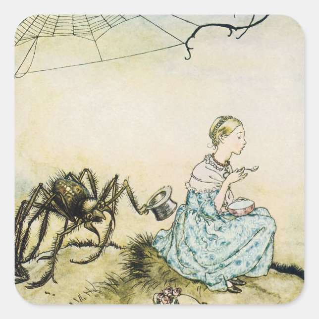 Pegatina Cuadrada La pequeña Miss Muffet por Arthur Rackham (Anverso)