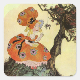 Pegatina Cuadrada La pequeña Miss Muffet y la araña, vintage Madre G