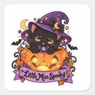Pegatina Cuadrada La pequeña señorita Spooky Cute Gato Negro y Calab