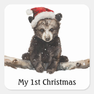 Pegatina Cuadrada La primera Navidad de Baby Bear, personalizado