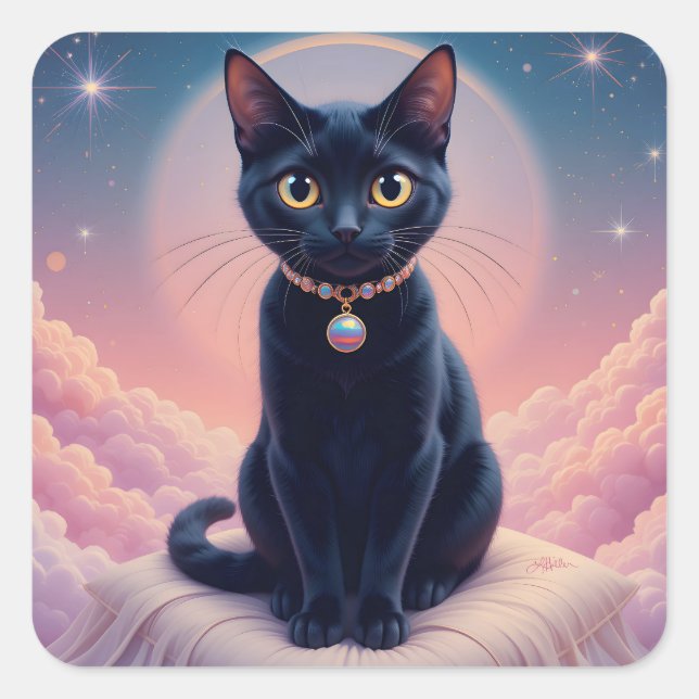 Pegatina Cuadrada La Reina Del Cielo Del Gato Negro (Anverso)