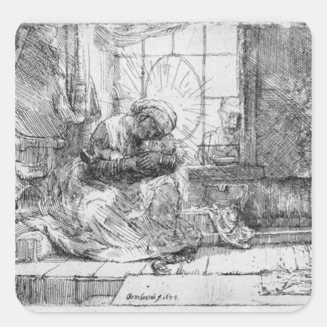 Pegatina Cuadrada La Sagrada Familia con un gato, 1654 (Anverso)