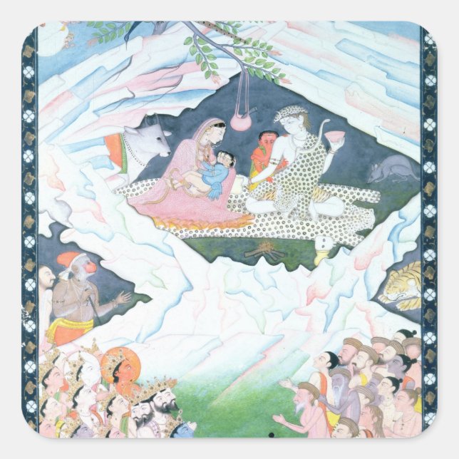Pegatina Cuadrada La Sagrada Familia de Shiva y Parvati (Anverso)