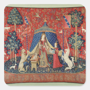 Pegatina Cuadrada La señora y el unicornio: "A mi solamente desire