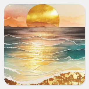 Pegatina Cuadrada La Serie de Playa de Acuarela Diseño 3