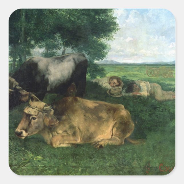 Pegatina Cuadrada La Siesta Pendant la saison des Foins , 1867, (Anverso)
