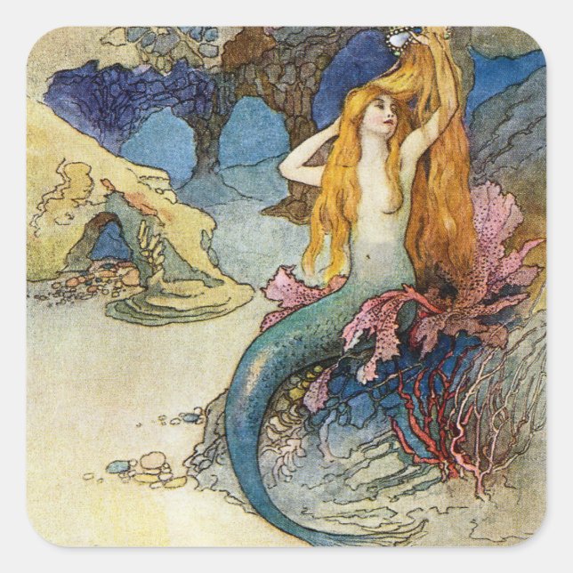 Pegatina Cuadrada "La sirena" por Warwick Goble (Anverso)