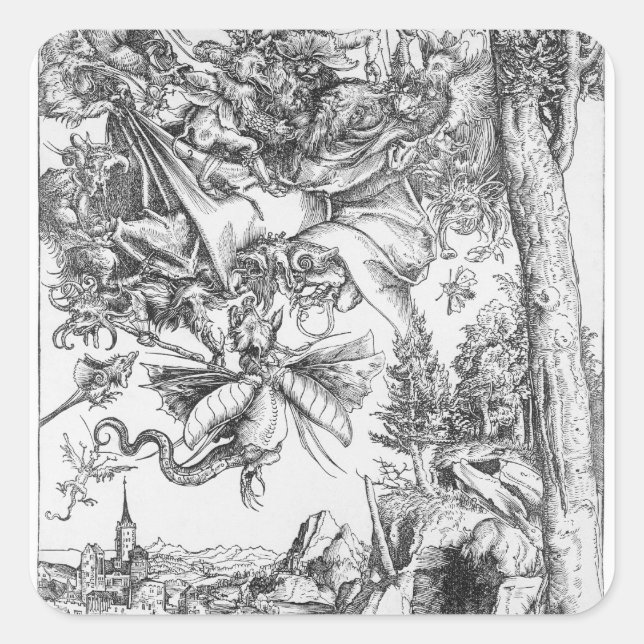 Pegatina Cuadrada La tentación de St Anthony, 1506 (Anverso)