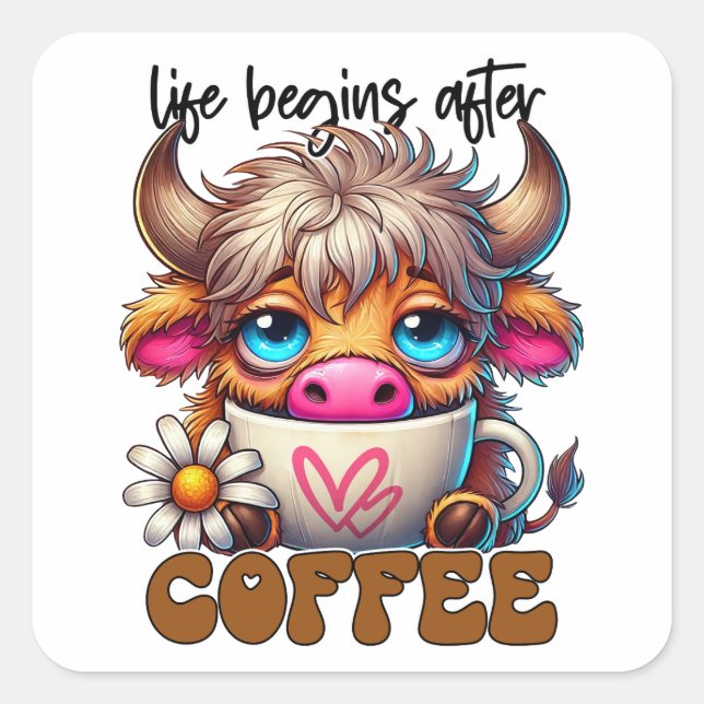 Pegatina Cuadrada La vida comienza después del café  (Anverso)