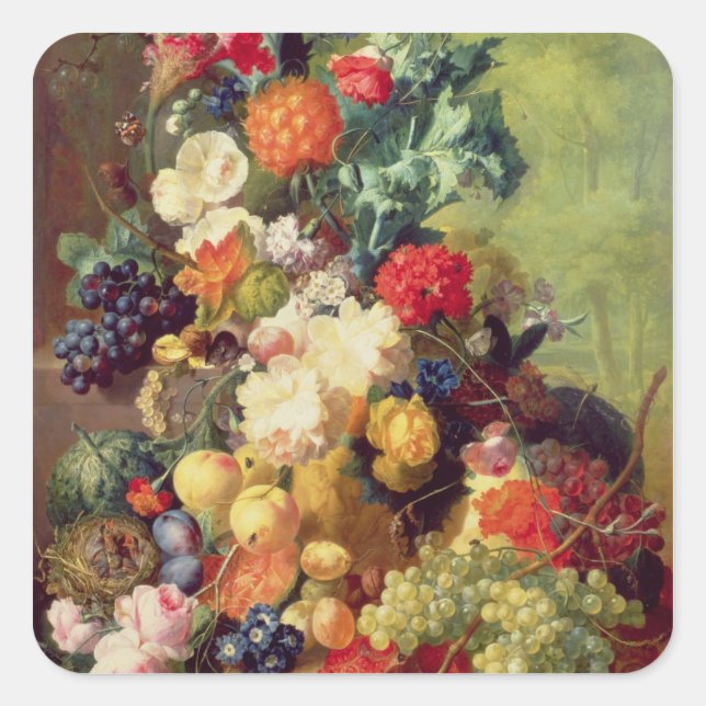 Pegatina Cuadrada La vida con flores y fruta (Anverso)