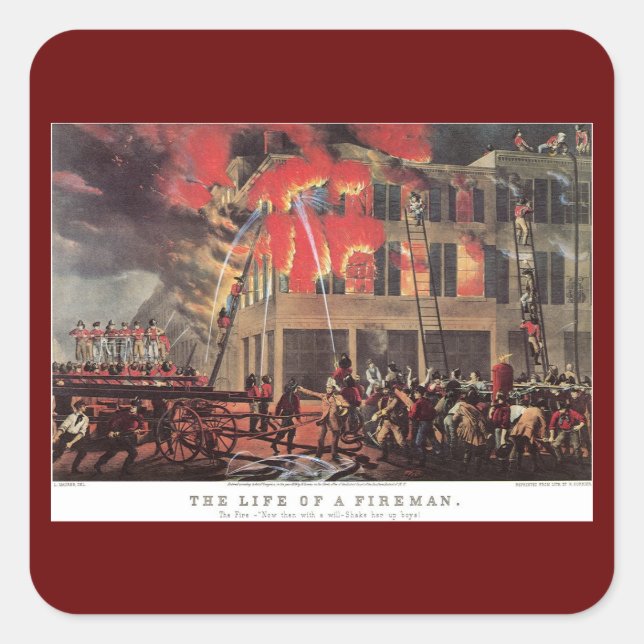 Pegatina Cuadrada La vida de un bombero, un veterano bombero (Anverso)