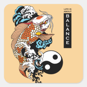 Pegatina Cuadrada la vida se trata de equilibrio. Pescado japonés d