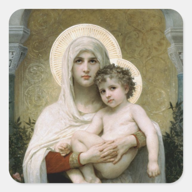 Pegatina Cuadrada La Virgen de los Rosas de Bouguereau (1903) (Anverso)