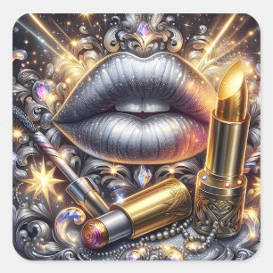 Pegatina Cuadrada Labios de Plata Glamour Diseño de Arte de Maquilla