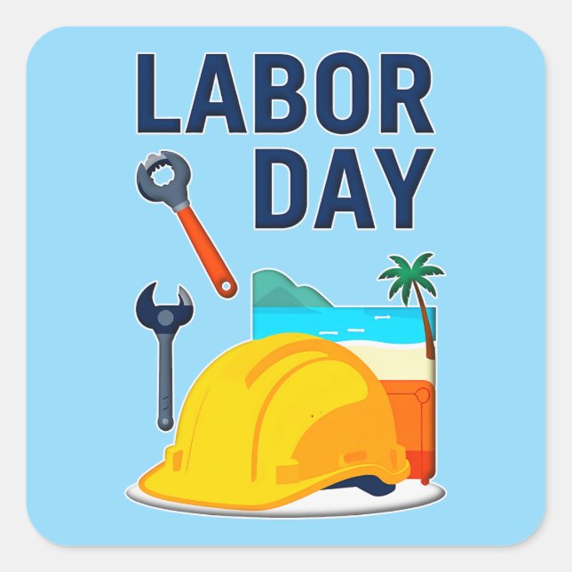 Pegatina Cuadrada Labor Day Construction Worker Helmet Design (Anverso)