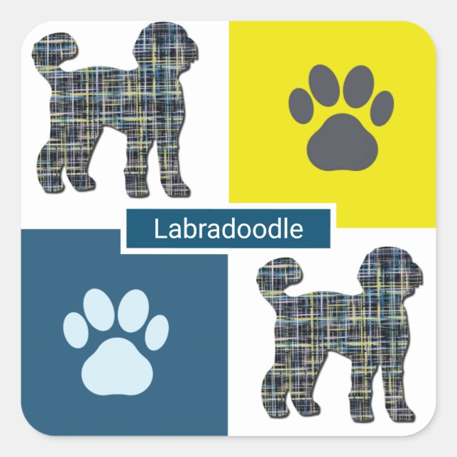 Pegatina Cuadrada Labradoodle Perro Silhouette & Paw Y&B Grid (Anverso)