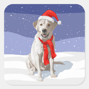 Pegatina Cuadrada Labrador amarillo blanco recuperado en Santa Hat