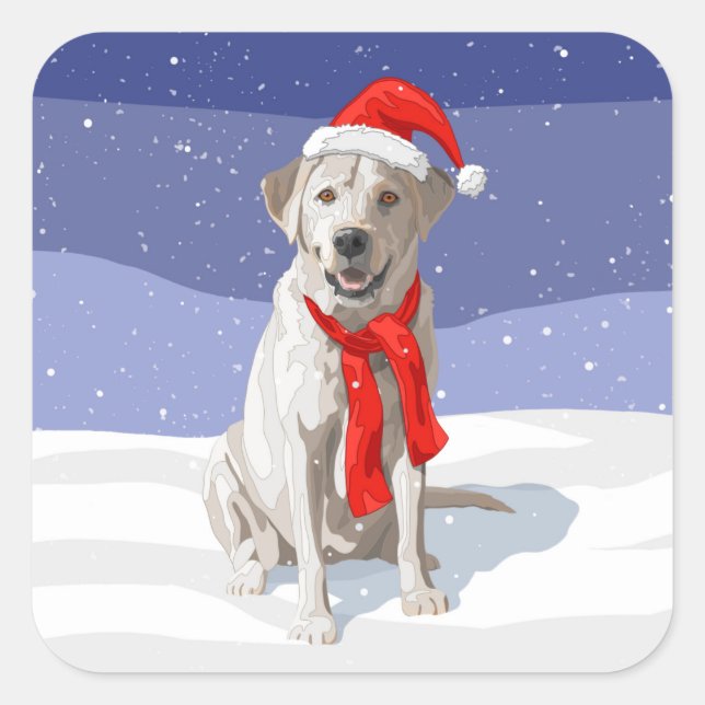 Pegatina Cuadrada Labrador amarillo blanco recuperado en Santa Hat (Anverso)