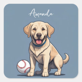 Pegatina Cuadrada Labrador amarillo lindo con bola de béisbol