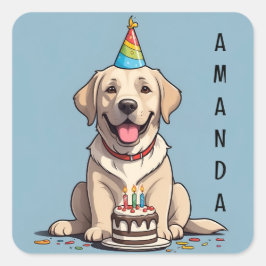 Pegatina Cuadrada Labrador amarillo lindo con pastel de cumpleaños