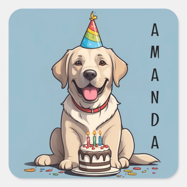 Pegatina Cuadrada Labrador amarillo lindo con pastel de cumpleaños (Anverso)