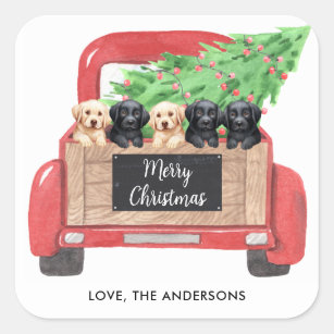 Pegatina Cuadrada Labrador cachorros Navidades rojos perros festín