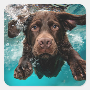 Pegatina Cuadrada Labrador Chocolate Juguetón Nadando Bajo el Agua