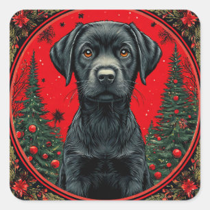 Pegatina Cuadrada Labrador Negro de Navidad con Árboles Festivos