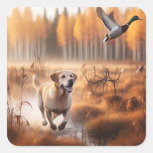 Pegatina Cuadrada Labrador/perro en la caza de pato en otoño