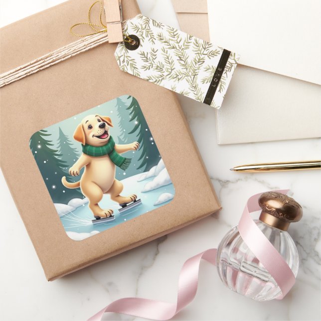 Pegatina Cuadrada Labrador Retriever Ice Skating Christmas Painting (Regalar)