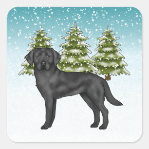Pegatina Cuadrada Labrador Retriever Negro Bosque Invernal Nevado Az
