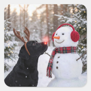 Pegatina Cuadrada Labrador Retriever negro de Navidad con muñeco de