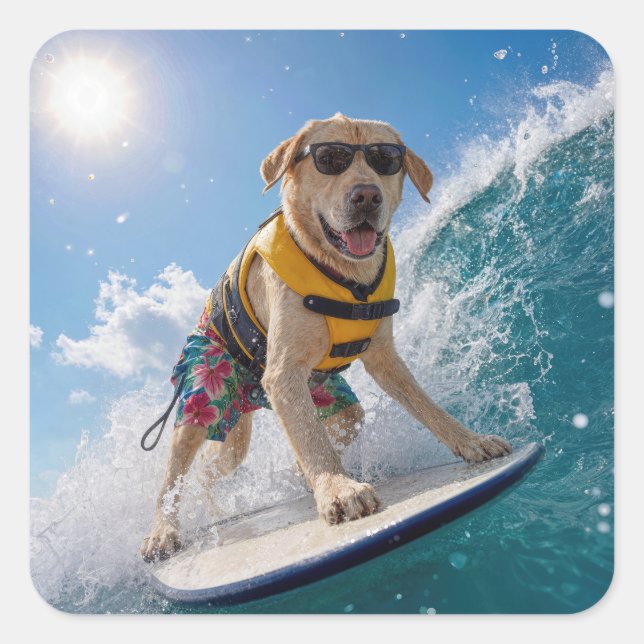 Pegatina Cuadrada Labrador Retriever surfista (Anverso)