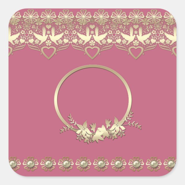 Pegatina Cuadrada Lace lacy frame dorado personalizable romántico te (Anverso)