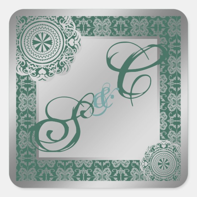 Pegatina Cuadrada Lace plateado árabe, recuerdo monogramado (Anverso)