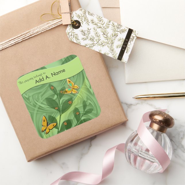 Pegatina Cuadrada Lady Bugs y mariposas en la plantilla verde (Regalar)