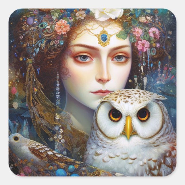 Pegatina Cuadrada Lady Con Owal Surreal Fantasy Art (Anverso)