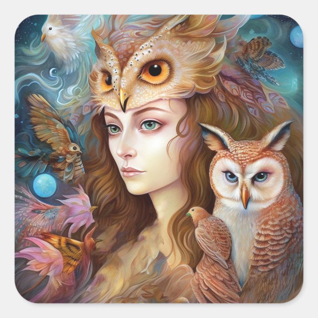 Pegatina Cuadrada Lady Con Owal Surreal Fantasy Art (Anverso)