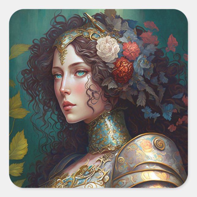 Pegatina Cuadrada Lady Knight Warrior Armor Fantasy Art (Anverso)