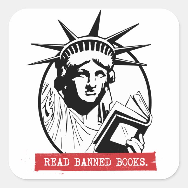Pegatina Cuadrada Lady Liberty lee libros prohibidos (Anverso)