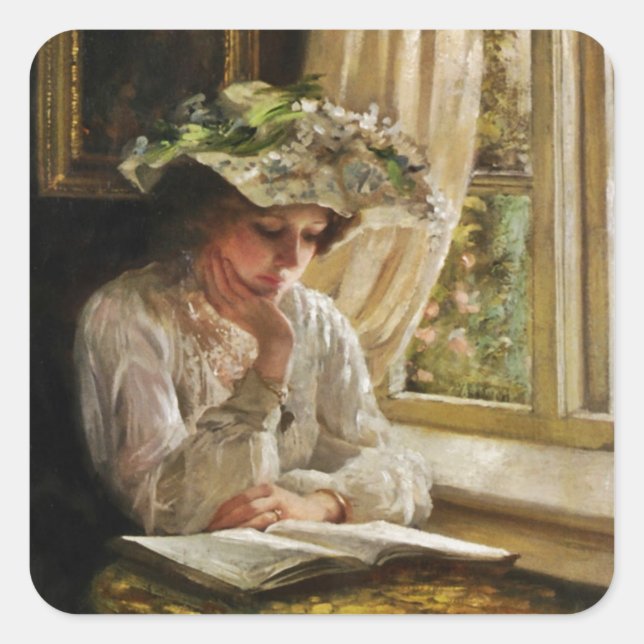 Pegatina Cuadrada Lady Reading by a Window (Anverso)