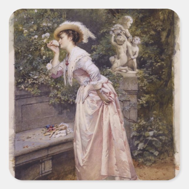 Pegatina Cuadrada Lady Smelling Rosas (Anverso)