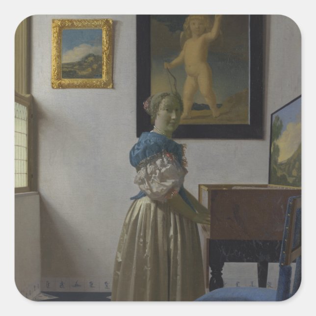 Pegatina Cuadrada Lady Standing en un Virginal por Johannes Vermeer (Anverso)