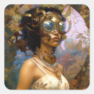 Pegatina Cuadrada Lady Wearing Goggles Black Fantasy Sci-Fi