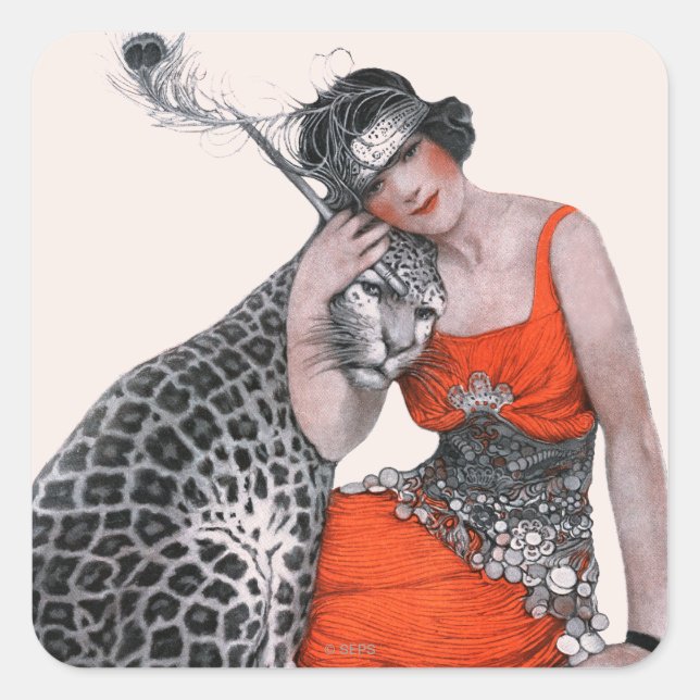 Pegatina Cuadrada Lady y Leopard (Anverso)