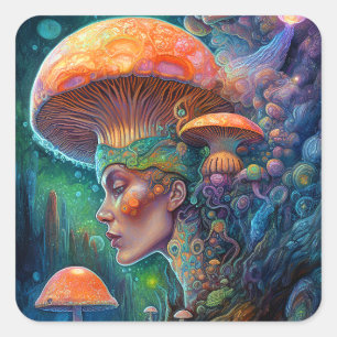 Pegatina Cuadrada Lady Y Mushrooms Surreal Fantasy Art