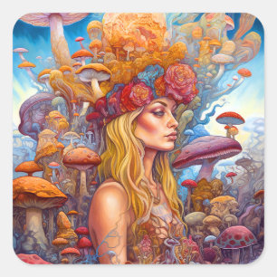 Pegatina Cuadrada Lady Y Mushrooms Surreal Fantasy Art
