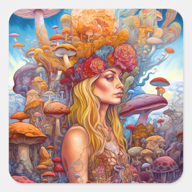 Pegatina Cuadrada Lady Y Mushrooms Surreal Fantasy Art (Anverso)