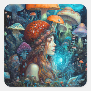 Pegatina Cuadrada Lady Y Mushrooms Surreal Fantasy Art