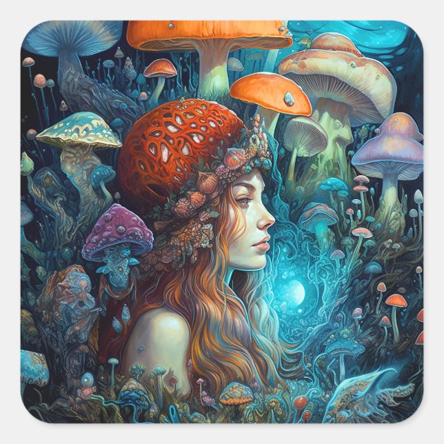 Pegatina Cuadrada Lady Y Mushrooms Surreal Fantasy Art